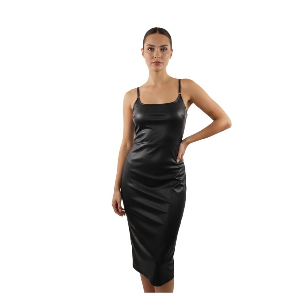 Wild Fable Faux Leather Black Midi Dress – Size M‎ – Adjustable Straps, Side Zip